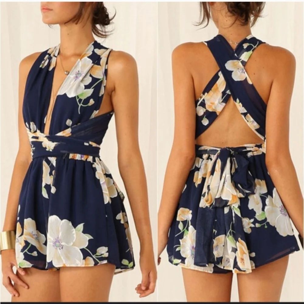 NWOT Tropical Floral Print Wrap Around Romper